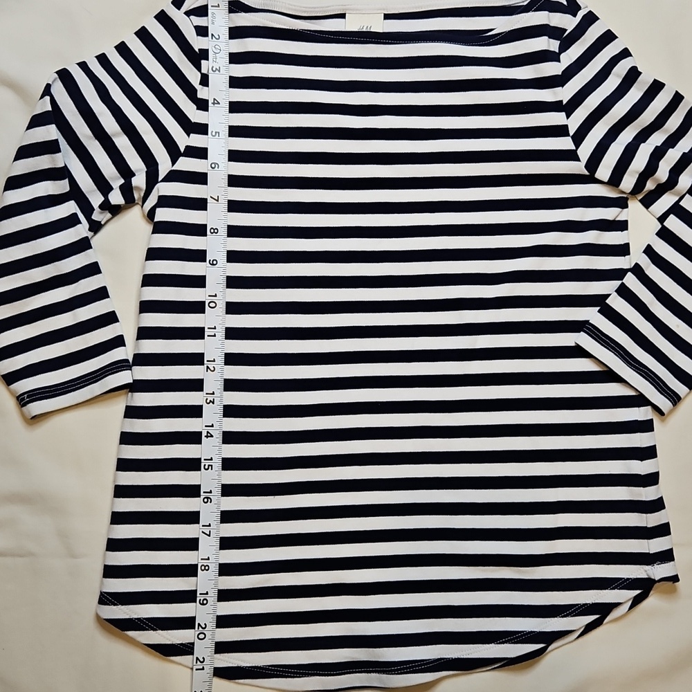 H&M Boat Neck Shirt Navy & White Stripe 3/4 Sleeve XS 100% Cotton - Picture 6 of 7